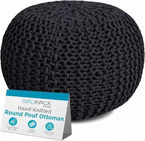 BIRDROCK HOME Round Pouf Ottoman Foot Rest - 18.5x18.5x15 Boho Compact Comfortable Soft Cotton Braided Foot Stool with Bean Bag Filling for Living Room, Bedroom, or Nursery (Charcoal Gray)