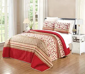 Grand Linen 2-Piece Fine Printed Oversize (66" X 95") Quilt Set Reversible Bedspread Coverlet Twin/Twin XL Size Bed Cover (Red, Beige, Brown Floral)