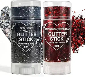 2PCS Black and Red Waterproof Body Glitter Stick for Halloween