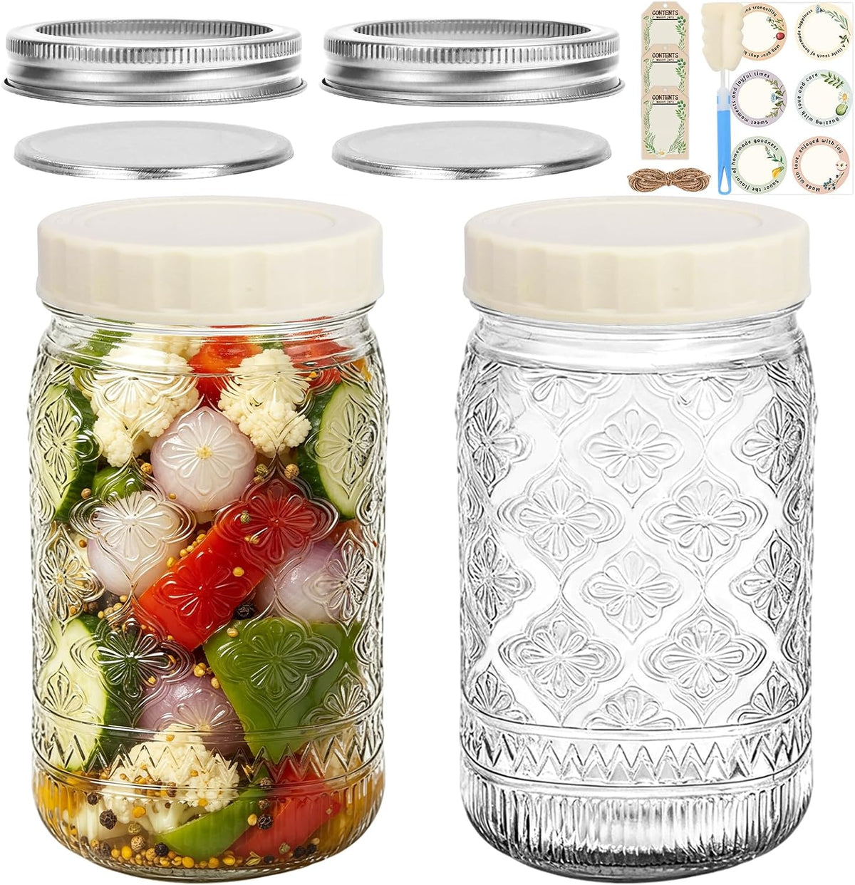 32oz Wide Mouth Mason Jars 2-Pack with Airtight Split Lids & Plastic Lids
