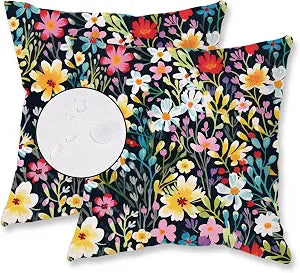 Outdoor Floral Throw Pillow Covers 18x18 Inch Set of 2 Black Waterproof Flowers Decorative Spring Summer Holiday Patio Cushion Cases for Patio Furniture Garden