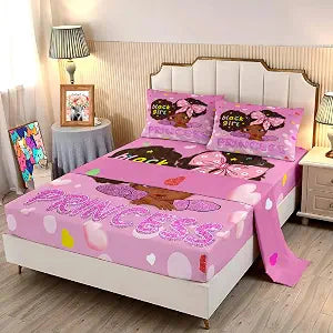 Black Girl Sheets Full - 4Pcs Bed Fitted Girls Full Sheets Kids Fitted, 1 Fitted Sheet + 1 Flat Sheet + 2 Pillowcases