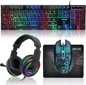 Gaming LED Keyboard Mouse Headset and Mousepad Bundle,Wired Rainbow