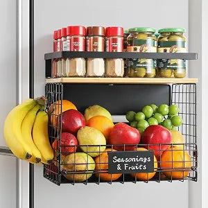 [WIDER SHELF] 1 SET Strong Magnetic Shelf Basket for Fridge with Tag & Bamboo Top, XXL Large Magnetic Spice Rack Shelves for Side of Refrigerator, Kitchen Pantry Storage Organizer for Food Fruit Veg