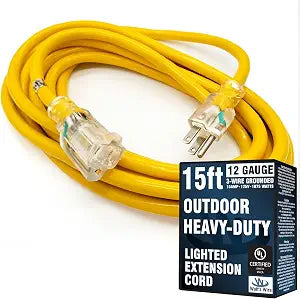 15 ft Extension Cord - 12 Gauge Heavy Duty Outdoor Extension Cord
