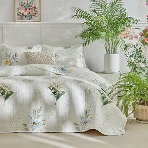 Floral Quilt Set 3 Pieces Queen Size Green with Lily of The Valley Botanical Spring Quilt Bedding Set,Microfiber Lightweight Bedspread, Coverlet Set for All Seasons