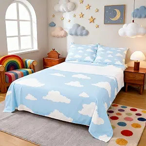Homewish White Clouds Bed Sheets,Cartoon Clouds Blue Sky Decor Bedding Set for Kids Teens Adults,Simple Style Graffiti Decorative Sheet Set with Flat,Fitted Sheet,2 Pillowcases Full Size 4 Pcs