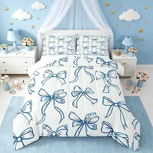Feelyou Blue Bow Comforter Set Twin Size for Kids Boys Girls Bedding Set