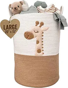 Giraffe Baby Laundry Basket, Tall Woven Rope Nursery Hamper, 20x15 in