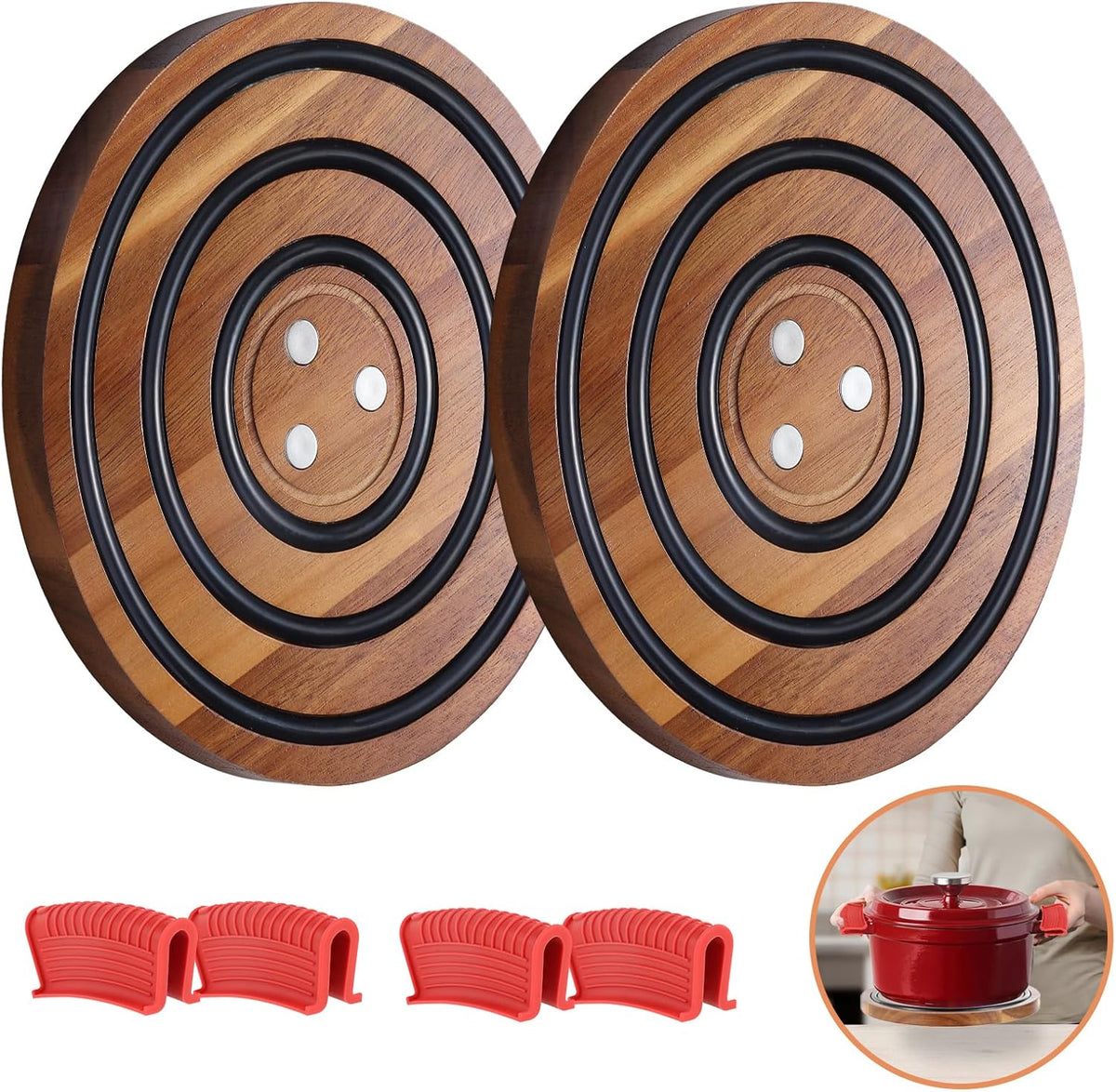 2 Pcs Magnetic Wooden Trivets, Acacia Wood with Black Silicone Rings, Magnetic Pot Holder for Le Creuset Enameled Cast Iron Dutch Oven & Cast Iron Skillets, Wood Trivet