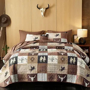 Wake In Cloud - Western Quilt Set, Southwestern Aztec Country Horse Cowboy Rustic Ranch Pattern Printed, Reversible Lightweight Bedspread Coverlet, 3 Pieces, Tan Brown, King Size