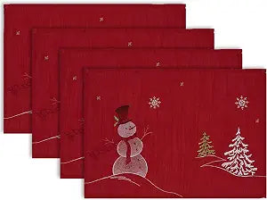 DII Embroidered Holiday Table Dcor Collection Christmas Kitchen, Snowman Placemat Set, 13x19, Red, 4 Piece