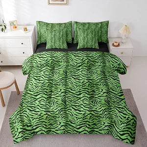 Erosebridal Bright Green Tiger Printed Queen Comforter Set for Women Men Adults - Simulated Animal Fur Printed Wild Tiger Fur Print 7-Piece Bedding Set Tigerish Animal Print Quilt Duvet Sets