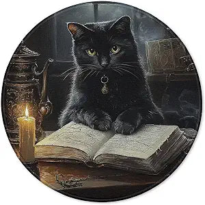 Witchy Black Cat Reading Book Round Mouse Pad for Desk 7.9x7.9, Dark Academia Gothic Black Cat Decor, Bookish Gifts Mousepad for Work Computers Laptop Home Office Dorm Desk Accessories