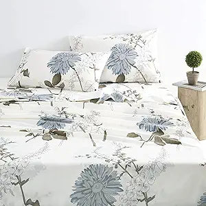 Wake In Cloud - Floral Bed Sheets, 100% Cotton, 4-Piece Sheet Set, Vintage Flower Botanical Shabby Chic Coquette Cottage Aesthetic Bedding, Deep Pocket, Gray Beige, King Size