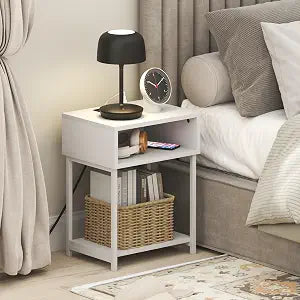 Furinno Moretti 3-Tier Night Stand with Charging Station, White