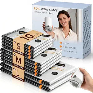10 Pack Vacuum Storage Bags with Rechargeable Electric Pump, 3 Sizes