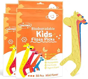 Lakeyface 200 Count Biodegradable Kids Flossers, Eco-Friendly Plant-Based Floss Picks, No Fluoride BPA Free Cute Giraffe Dental Picks, No Plastics, Vegan Natural Floss, Mild Mint