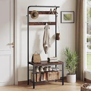NEWBULIG Coat Rack, Hall Tree with Shoe Bench, 4-in-1 Entryway Organizer with 10 Hooks and Storage Shelf, Rustic Wood Entryway Bench for Mudroom, Living Room, Bedroom, Brown