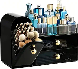 HBlife Makeup Organizer Countertop with Drawers, Cologne Organizer for Men, Vanity Organizers with Brush Holder, Bathroom Countertop Organizer Skin Care Storage, Gift for Dad Husband, Black and Gold