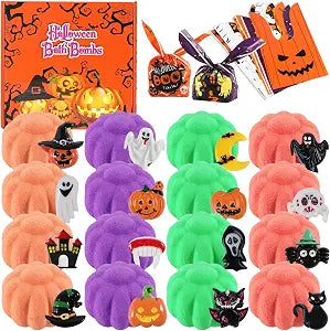 Bath Bombs for Kids- 16pcs Halloween Kids Bath Bombs with Toys Inside Halloween Party Favors Goodie Bag Fillers Bubble Bath with Spooky Pumpkin Bath Bombs