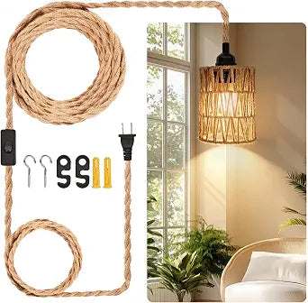 Hanging Lamp with On/Off Swith and 15ft Hemp Rope. Plug in Pendant Light with Cylinder Pendant Lamp Shade, Ideal Hanging Lights for Bedroom and Living Room