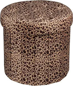 Bsketa Round Storage Ottoman, 14" Folding Velvet Foot Stool,Leopard Print