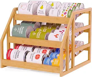 HOMESTEAD Bamboo Can Organizer for Pantry - 3 Tier Rack with Adjustable Dividers, Gravity Feed Canned Goods Organizer, 36 Cans Soda Storage