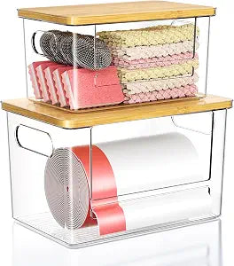 Trash Bag Dispenser 2 Pack, Stackable Trash Bag Holder with Bamboo Lid  Clear Plastic Garbage Bag Organizer for 4-33 Gal Bags, Space-Saving Under Sink Organizer for Kitchen, Laundry, Pantry