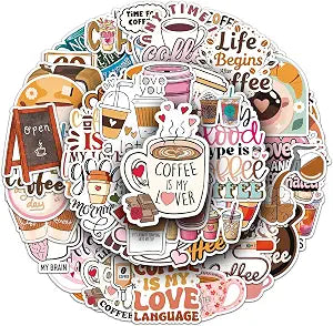 50PCS Coffee Stickers, Waterproof Vinyl Fun Coffee Quote Decals for Laptop, Luggage, Skateboard, Phone, Fridge, Trendy Stickers for Teens, Adults, Boys and Girls
