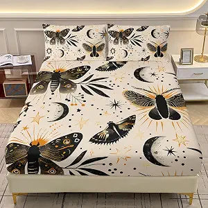 AILONEN Death Moth Twin XL Size Fitted Sheet Set,Sun and Moon Bed Sheet Set,Boho Moth Printed Soft Deep Pocket Sheets with 2 Pillowcases for Boys Girls,3-Piece