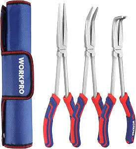 WORKPRO 3PC Long Reach Plier Set, 11" Straight, 90 & 45 Bent Nose Pliers