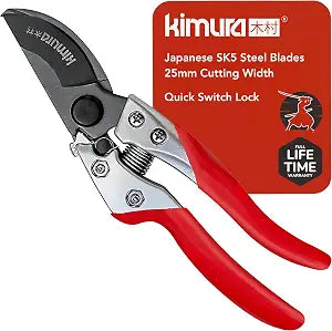 Kimura 8" Pro Bypass Pruning Shears, Heavy Duty Japanese SK5 Steel Blades, 1 inch Cut Capacity, Non-Slip PVC Coated Handles, Lightweight & Ergonomic, Japanese Pruners, Professional Garden Clippers