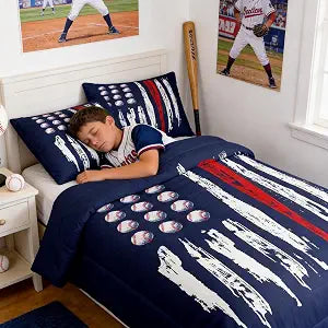 Castle Fairy Kids Baseball Gaming Comforter Full Size Navy Blue Bedding Set for Boys Girls Teens Bedroom Decor American Flag Comforter Set Women Men Ball Games Quilt with 2 Pillow Cases
