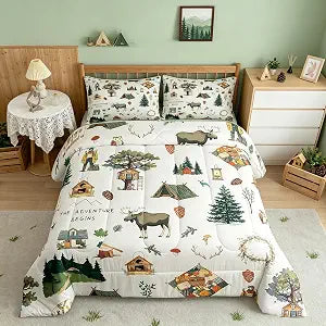 Homewish Cartoon Camper Comforter Set Twin Size Jungle Adventure Travel Bedding Set Wild Elk Animals Mountain Trees Quilt Set for Kids Boys Teens Men Bedroom Decor Happy Camping Duvet Insert 2pcs