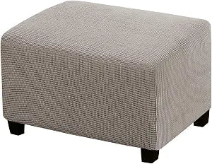 Stretch Ottoman Cover Ottoman Slipcovers Rectangle for Living Room Foot Stool Stretch Covers to Fit Ottoman Foot Rest, Thick Checked Jacquard Fabric with Elastic Bottom (Standard Size, Taupe)