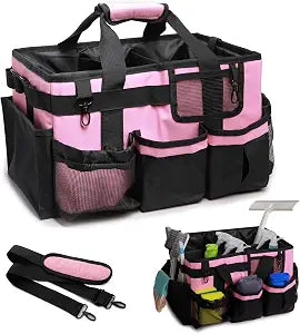 Large Wearable Cleaning Caddy Bag, Pink Tool Bag with Adjustable Shoulder Straps & Divider, 14 inch Cleaning Supplies Organizer for Housekeepers & Cleaners