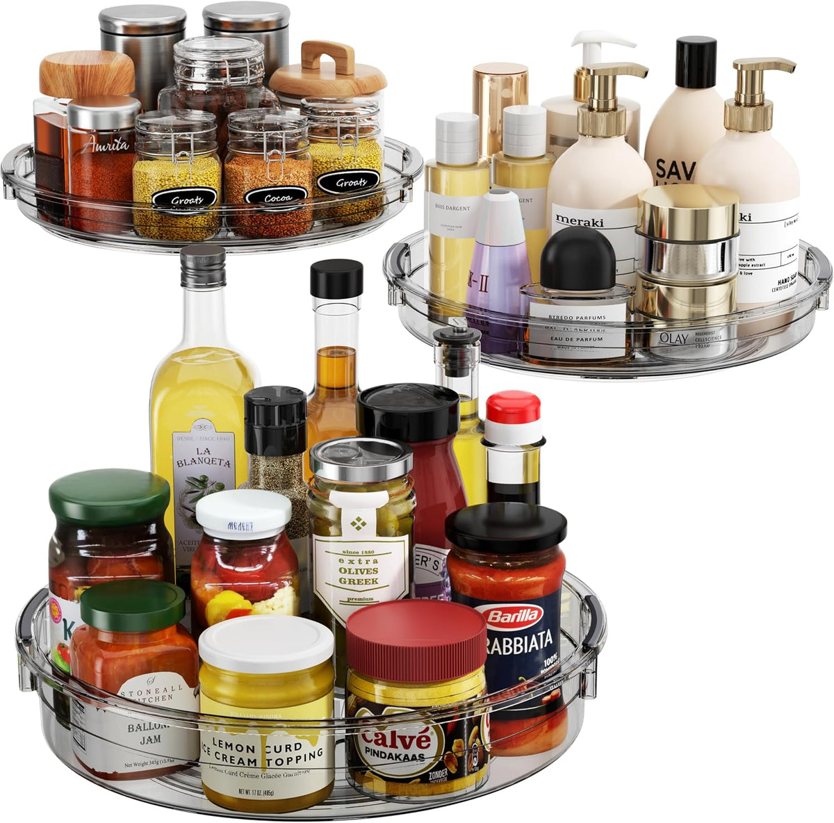 LAMU 3 Pack Lazy Susan Organizer Turntable for Cabinet, Condiment Organizer for Kitchen Pantry Organizers and Storage, Table Top, Fridge, Countertop, Spice Organization, 12'' 10.6'' 9.25'', Grey
