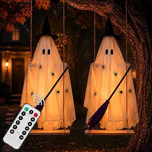 2 Sets 7FT Halloween Hanging Swing Ghost Decor with Hats, Brooms,Spider