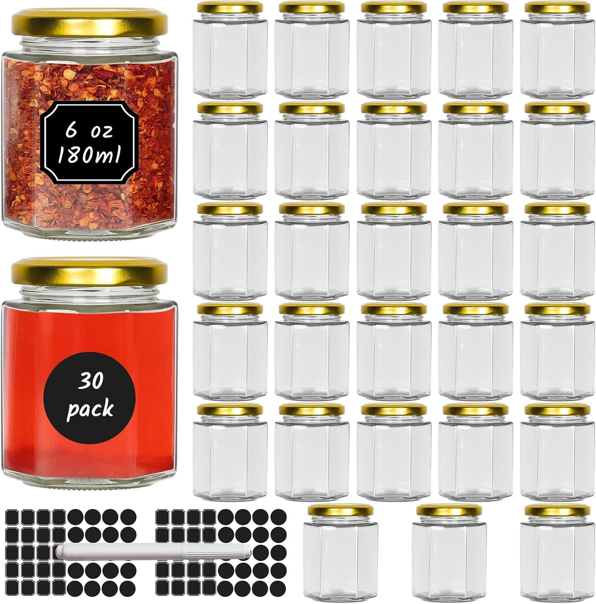 30 Pack 6 oz Clear Hexagon Glass Jars with Gold Lids