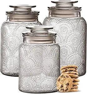 Le'raze Food Storage Containers with Airtight Lids - Retro Design - Pantry Organization, Glass Canisters Storage for Cookies, Tea, Sugar, Candy Jars, Sugar Packet, Set of 3