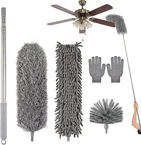 Microfiber Feather Duster 5-in-1 Kit with Extension Pole, Washable Cleaning Duster Set with 3 Duster Heads, Cobweb Duster, Corner Brush, 100'' Extendable Long Duster for High Ceilings, Fans, Furniture