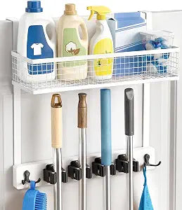 Lorbro Over the Door Broom and Mop Holder with Basket, 4 Grips and 4 Hooks