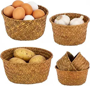 3 Set Small Seagrass Storage Baskets, Natural Woven for Farmhouse Kitchen