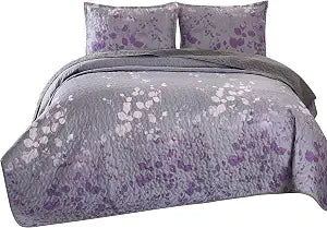 Masterplay 2-Piece Fine Printed Quilt Set, Bedspread Coverlet Twin/Twin XL Size Bed Cover (Dark Grey, Purple Gradient, Vine)