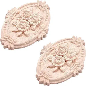 GORGECRAFT 2PCS Wooden Carved Onlay Appliques Oval Carving Decal Center Craft Unpainted Furniture Home Decoration Wood Carving Decal for Dresser Bed Door Cabinet Wardrobe Ceiling 5"x3.6"