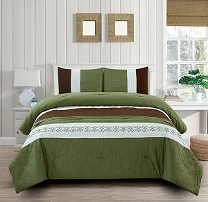 Grand Linen 3 Piece Full Size Sage Green, Chocolate Brown, White Scroll Embroidery Down Alternative Comforter Set. Perfect Bedding for Any Bedroom, Dorm or Guest Room