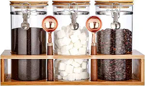Glass Coffee Storage Container with Bamboo Shelf, 3PCS 49oz Airtight Sealed Coffee Bean Jar with Clamp Lid & Measuring Spoon, Kitchen Pantry Canister Set for Ground Coffee Sugar Tea Flour
