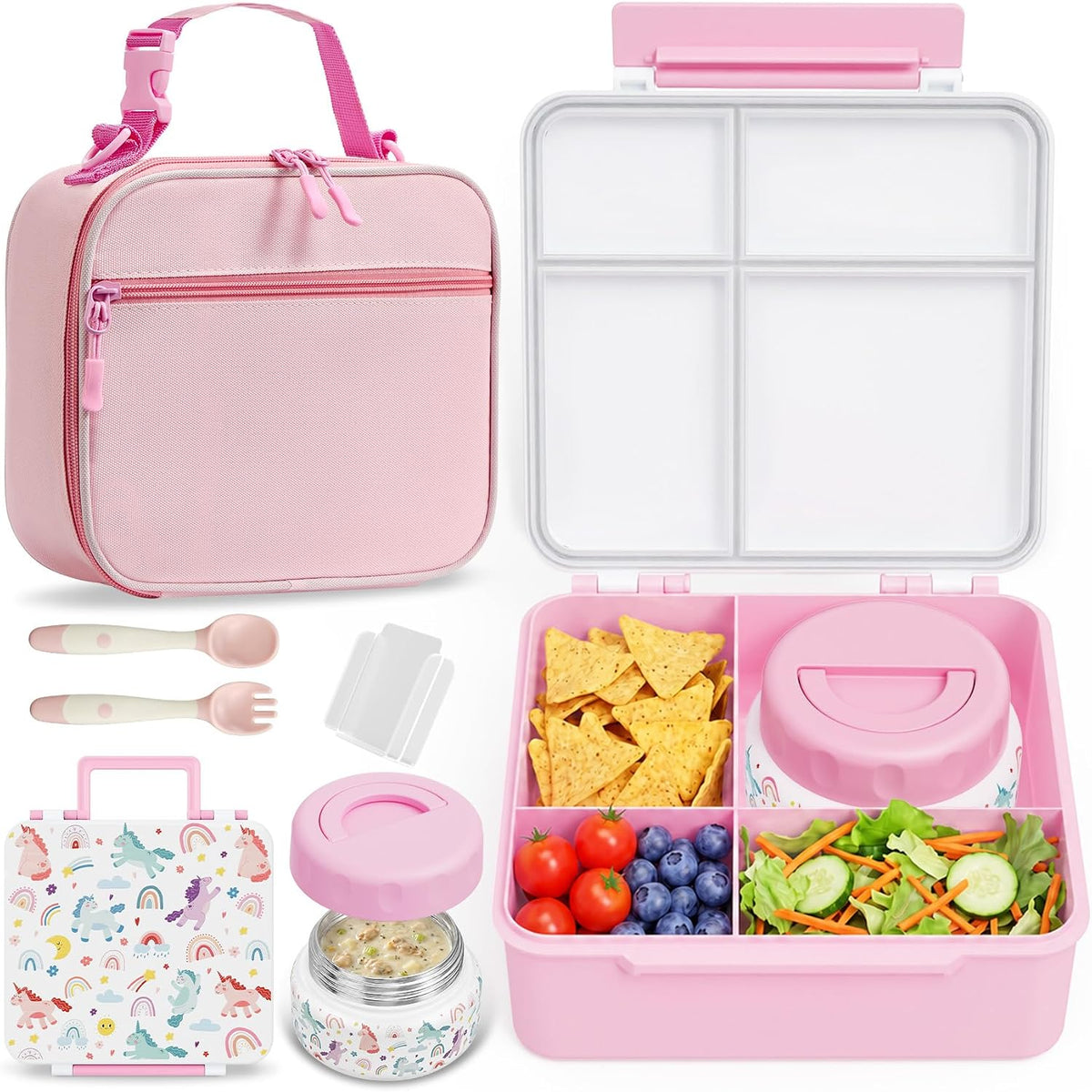 Bento Box for Kids with Thermo Food Container (9oz), 4-Compartment Lunch Box, Adjustable Divider, Leakproof Bento Lunch Box, Includes Utensils & Carry Bag for School, Office(White-Horse)