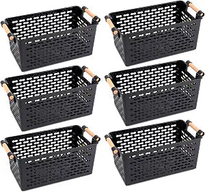 Yesland 6 Pack Plastic Storage Baskets with Handles, Black Organizer Bins 5"W x 10"L x 5"H for Kitchen Pantry Closet Bathroom Office